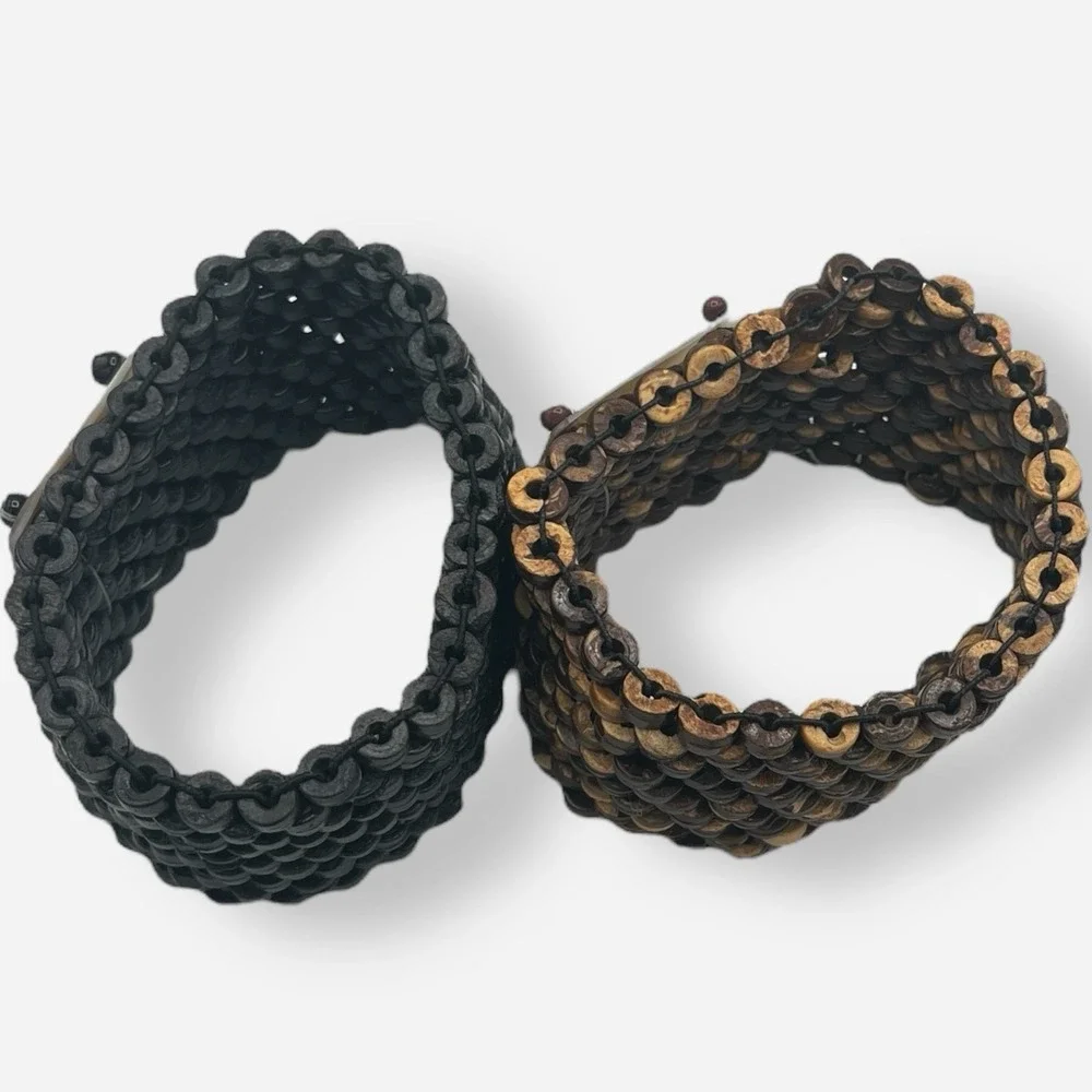 Abalone Shell Beaded Stretch‎ Bracelet Set Of 3 Black Brown Blue Gold